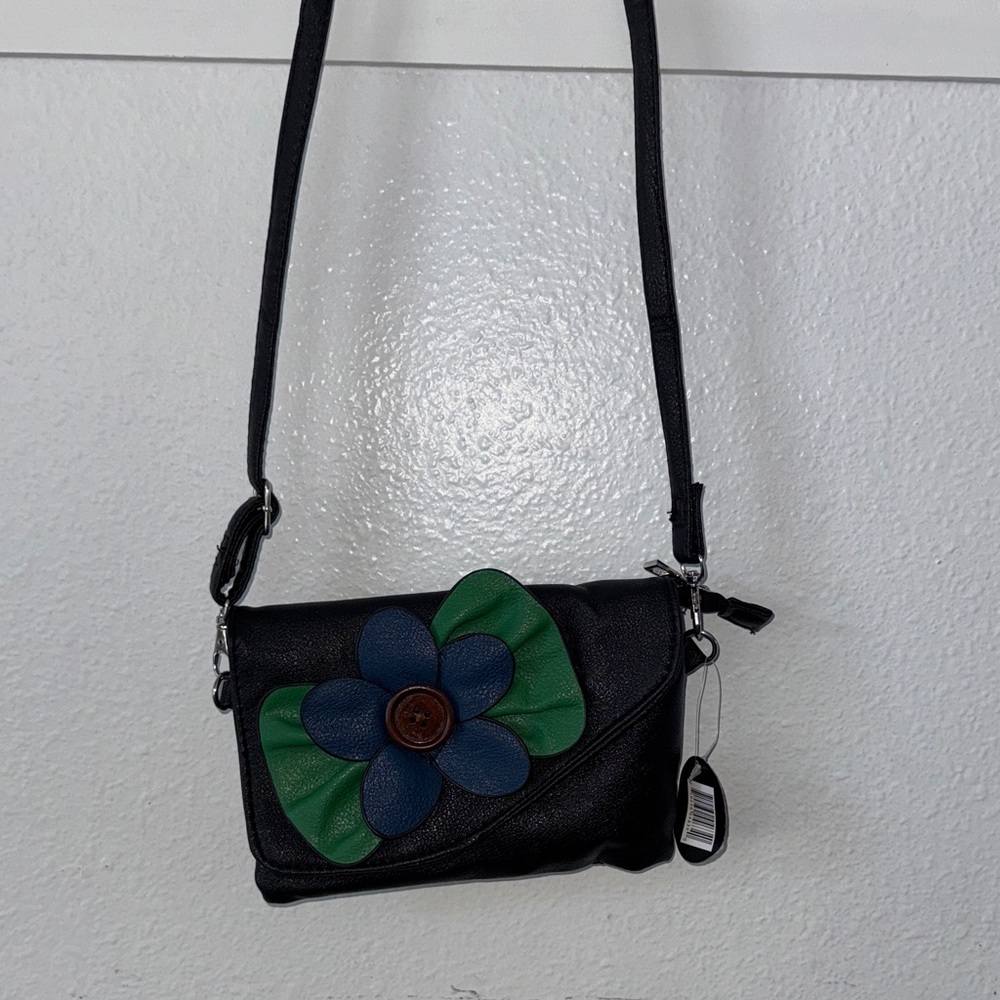 Stylish Black Crossbody Bag with Green and Blue Floral Design
